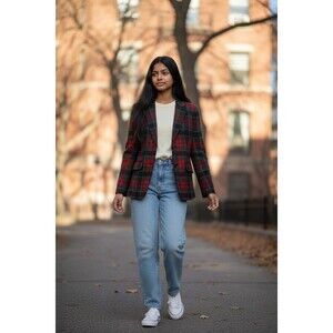 Talbots Gorgeous Red Black Multicolor Plaid Wool Blend Blazer Size 14 NWT